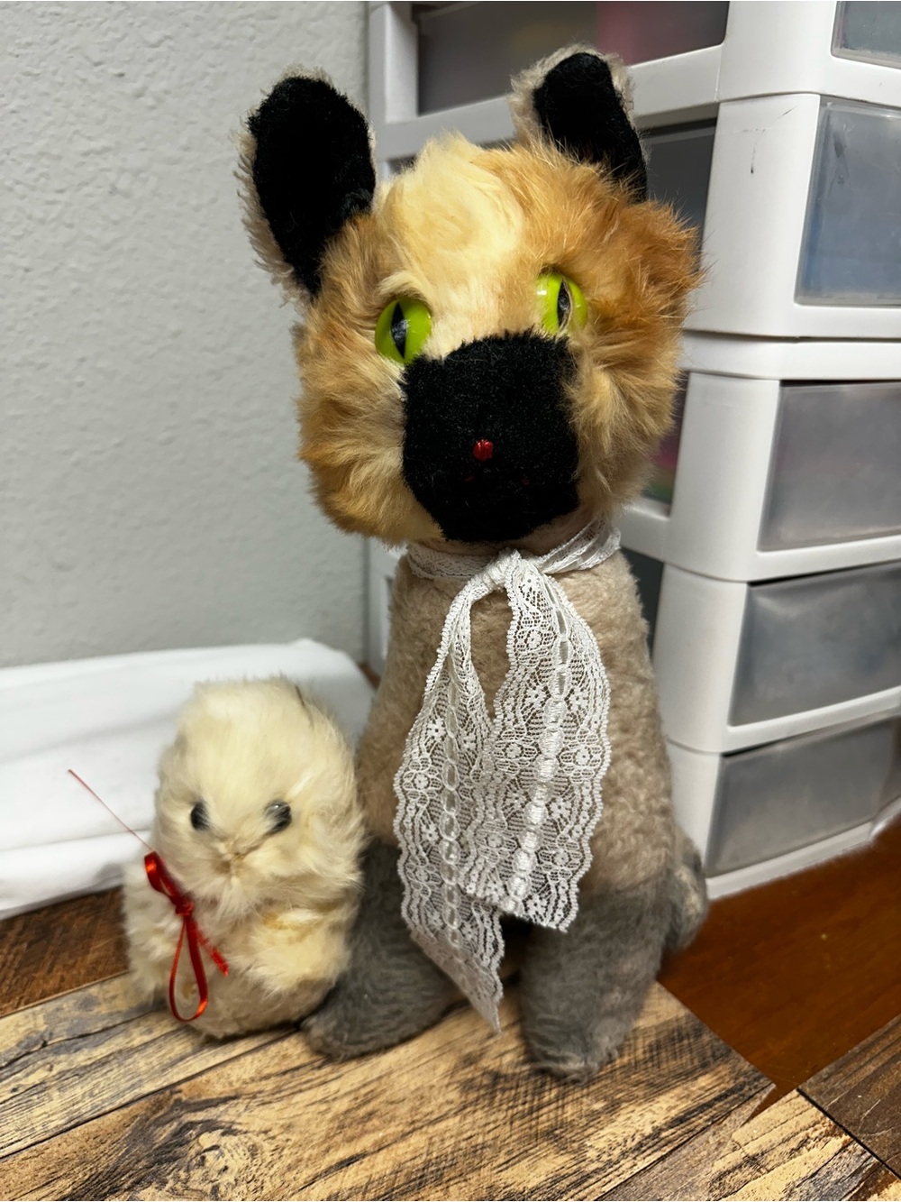 Vintage toys 1950’s RABBIT FUR & Plush CATS with Bows - Tan, Black, White
